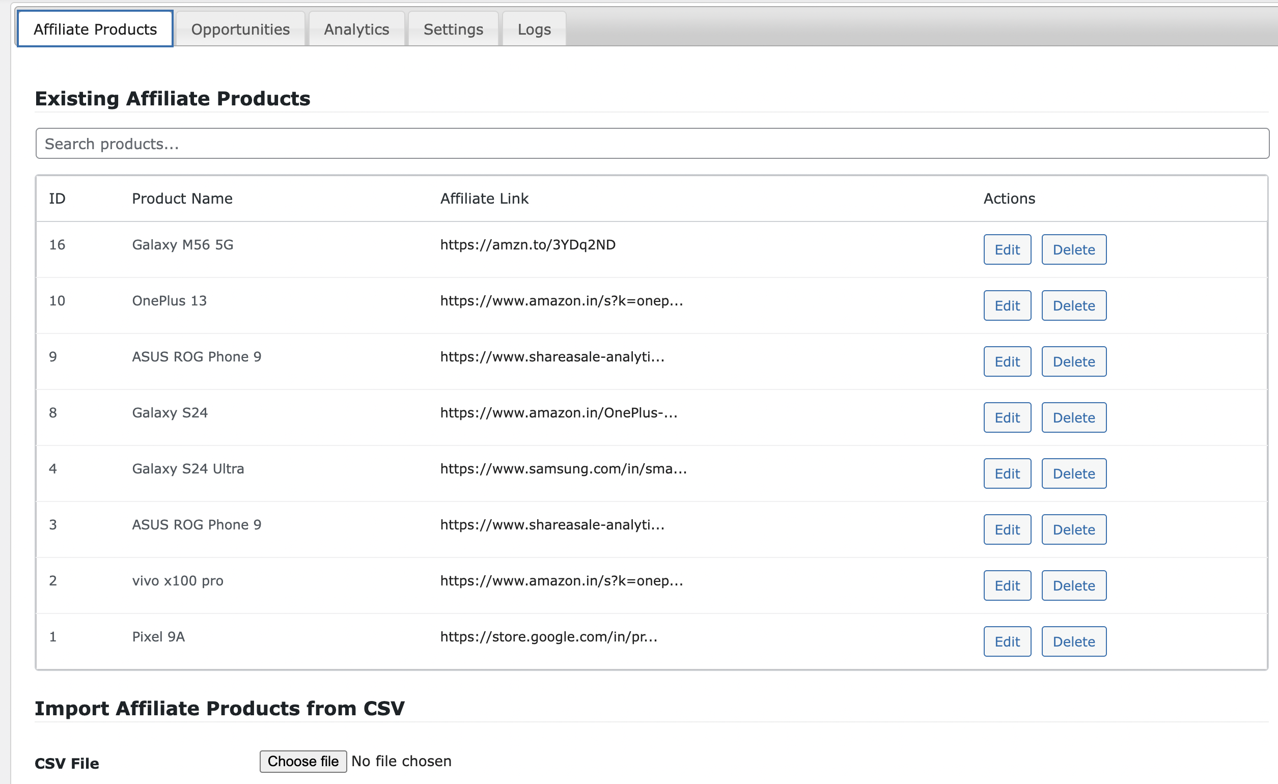 Affiliate Product Management Interface